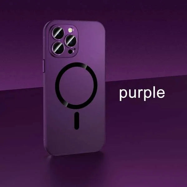 Aluminium alloy phone case with magnetic snap closure and lens protection for iPhone, shown in dark purple with nickel piece