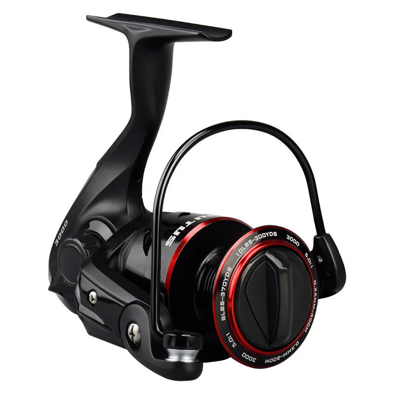 All-metal spinning fishing reel with collapsed telescopic rod showing four series size options