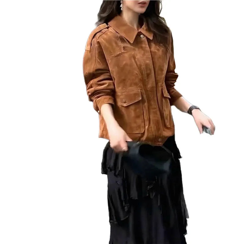 Women's suede coat in bright brown with regular sleeves, sizes S to 3XL, made from 100% polyester for street chic style.