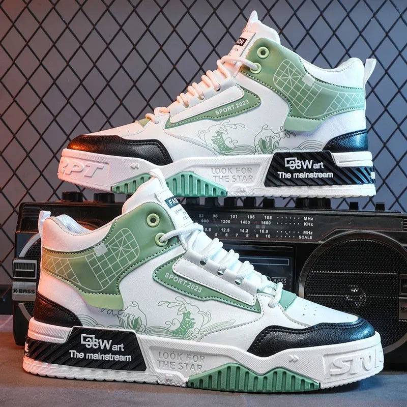 Men's high-top lace-up board sneakers in beige, white, and blue colours with rubber soles.