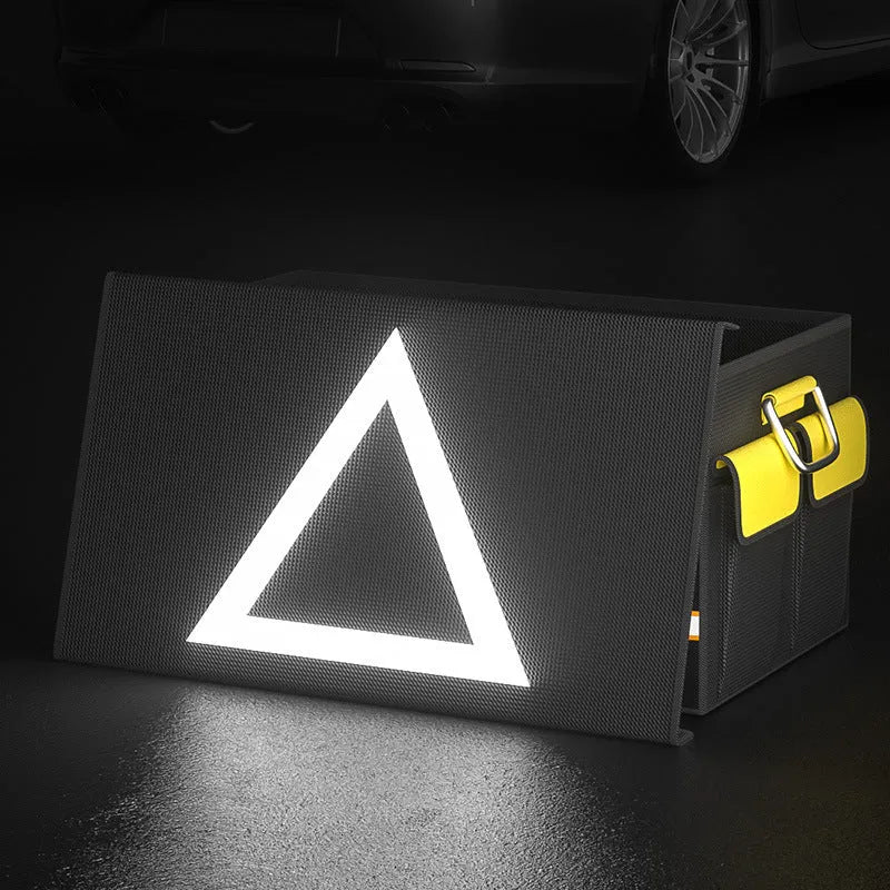 Black and yellow foldable car boot storage organiser bag with handle in three size options.