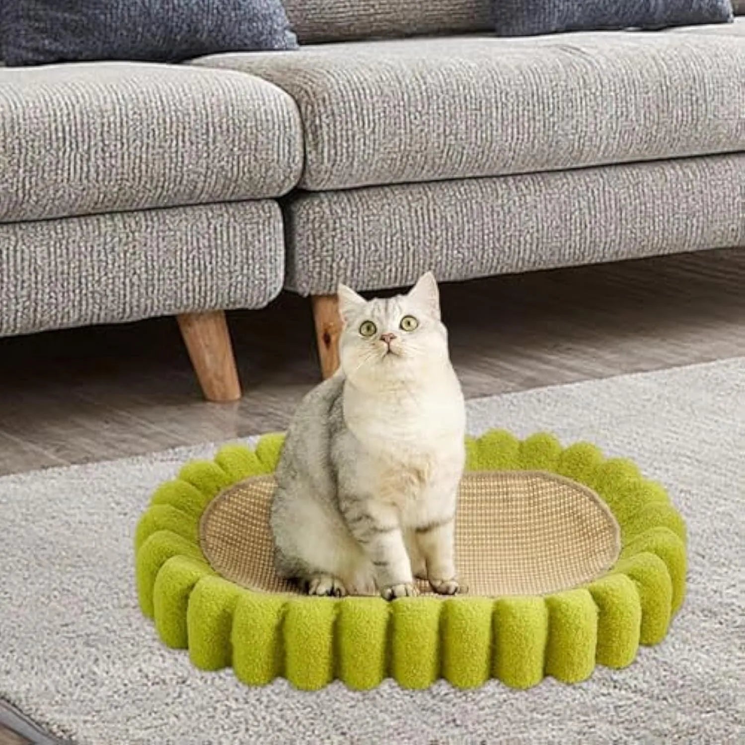 Green oval cat scratch pad bowl with sisal scratching surface measuring 65cm by 42cm