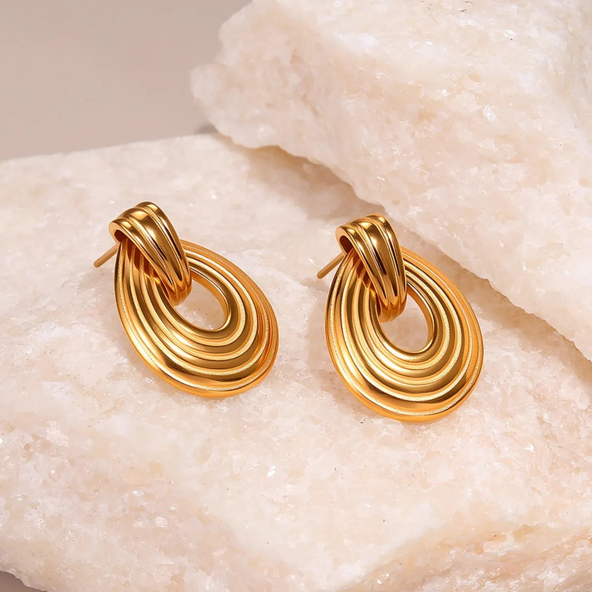 18K gold plated stainless steel ring texture earrings for women, non-fading geometric fashion OL design