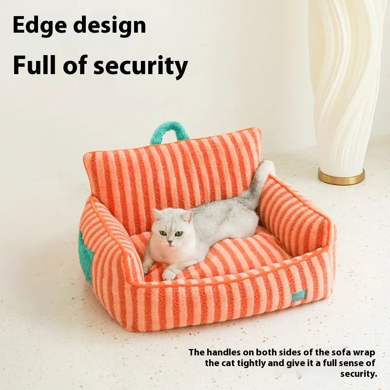 Striped pet bed with removable cover in soft velvet fabric, suitable for dogs