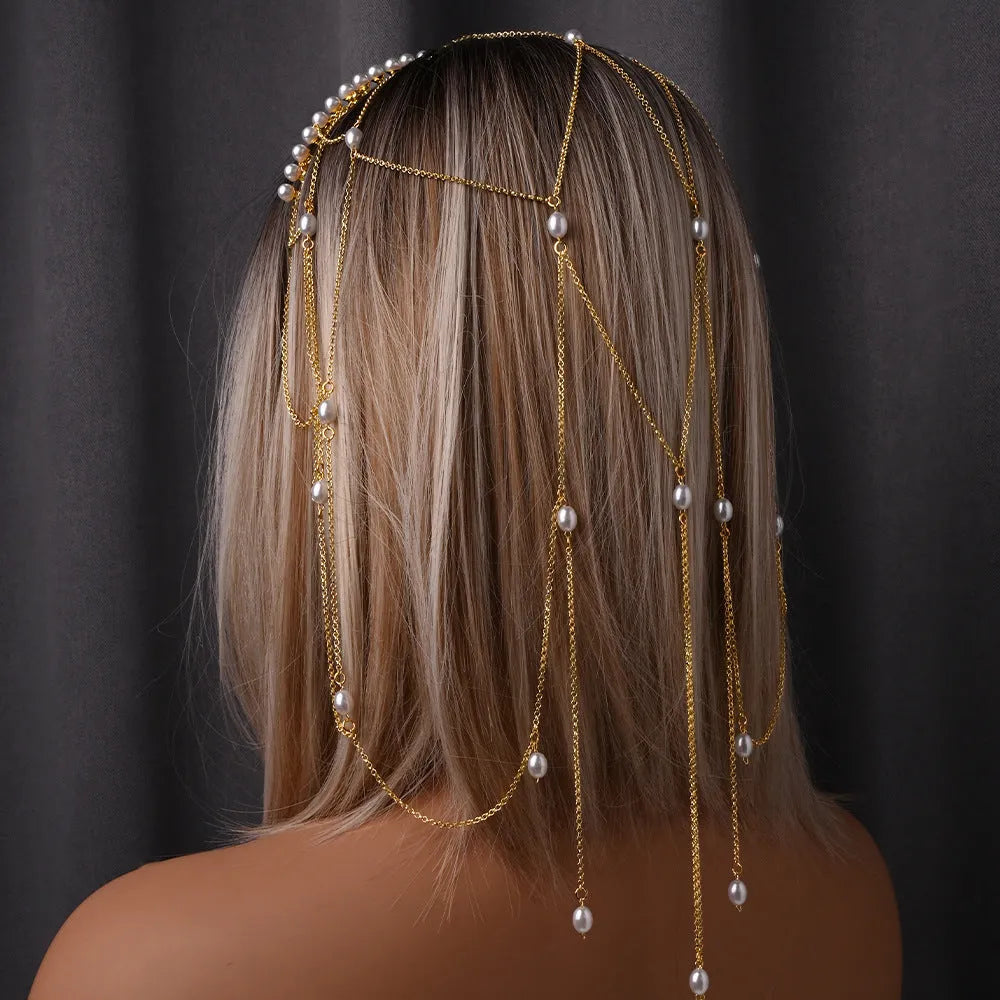 Gold electroplated mesh hair chain with pearl and tassel elements for women, adjustable length