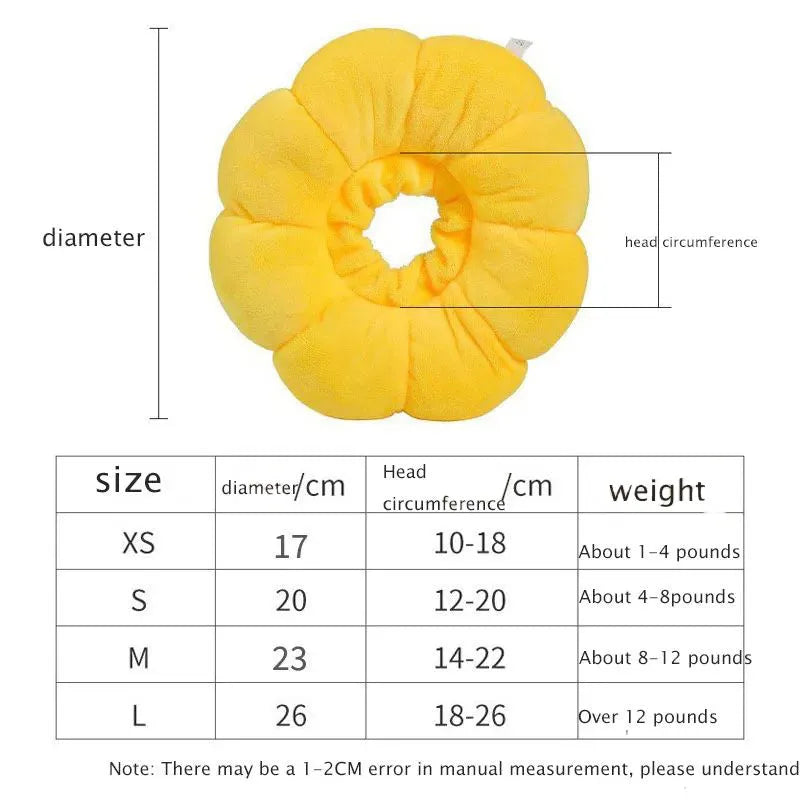 Soft cotton pet recovery collar with sunflower print, shown on a cat, featuring an adjustable band.