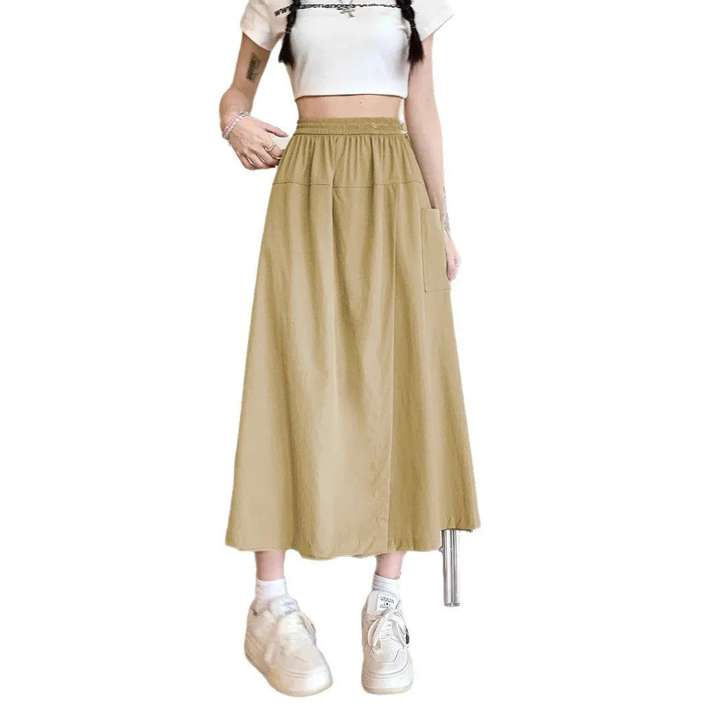 Camel coloured women's wide leg cropped casual skirt with an elastic waistband.
