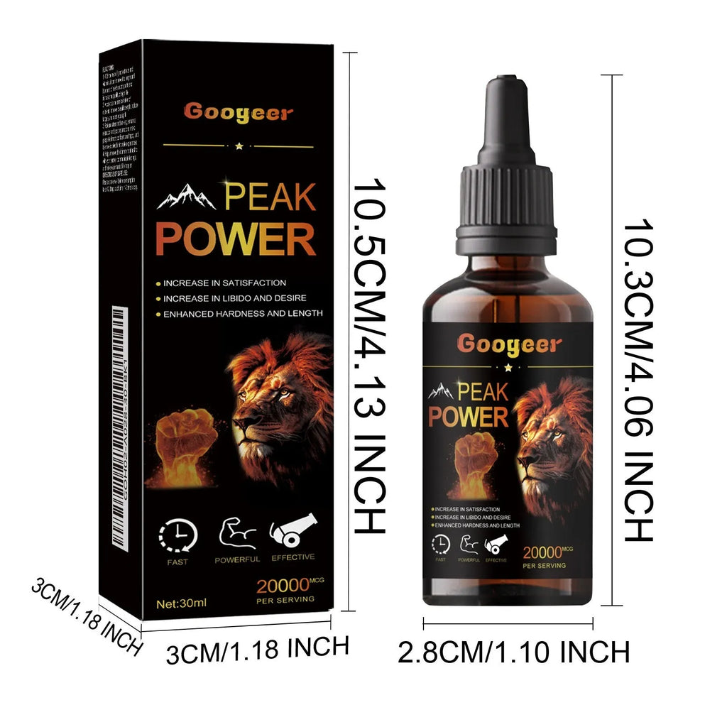 Googeer Peak Power 30ml liquid energy supplement bottle with measured dropper