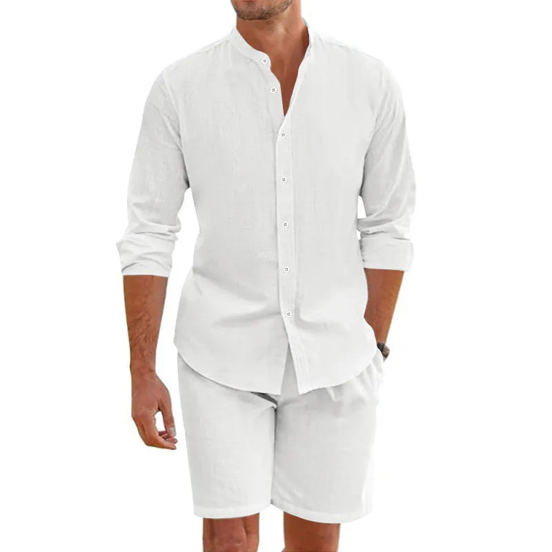 Men's dark grey linen-blend short sleeve shirt and drawstring shorts summer set laid flat.