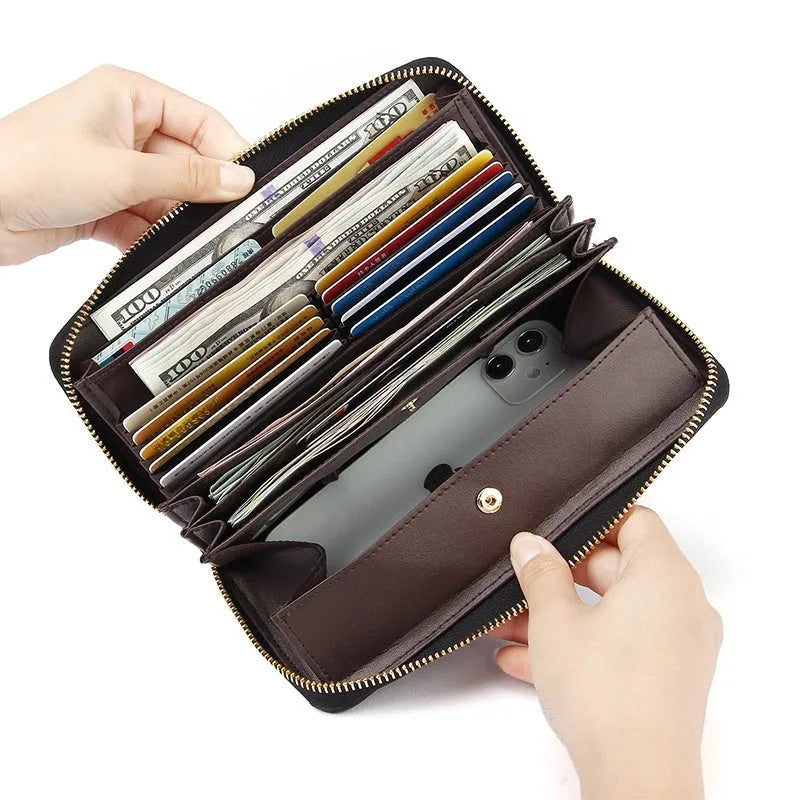 Long genuine leather women's wallet with 12 card slots, RFID blocking, in sapphire blue colour