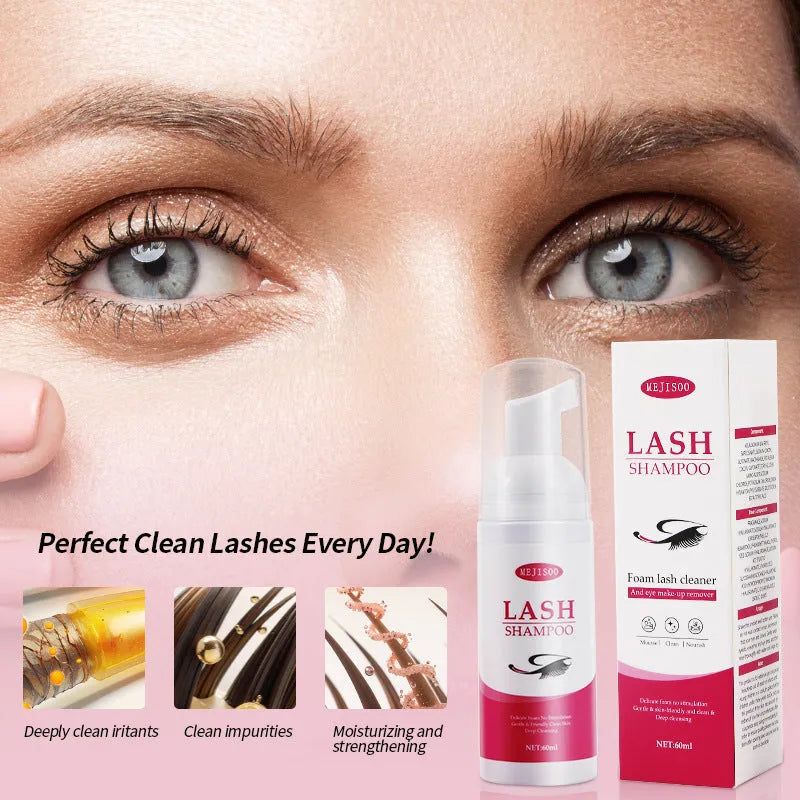LASH SHAMPOO Mousse Eyelash Cleaning Solution 60ml in 3.7cm by 13.5cm white bottle with blue text