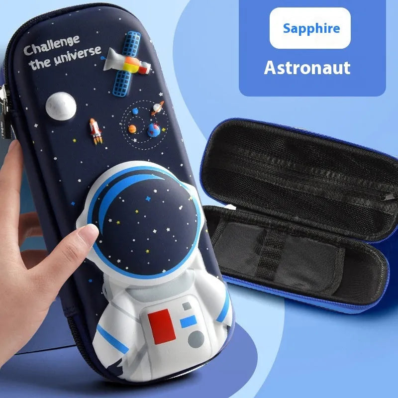 3D leather pencil case with zipper closure showing decorative space theme design