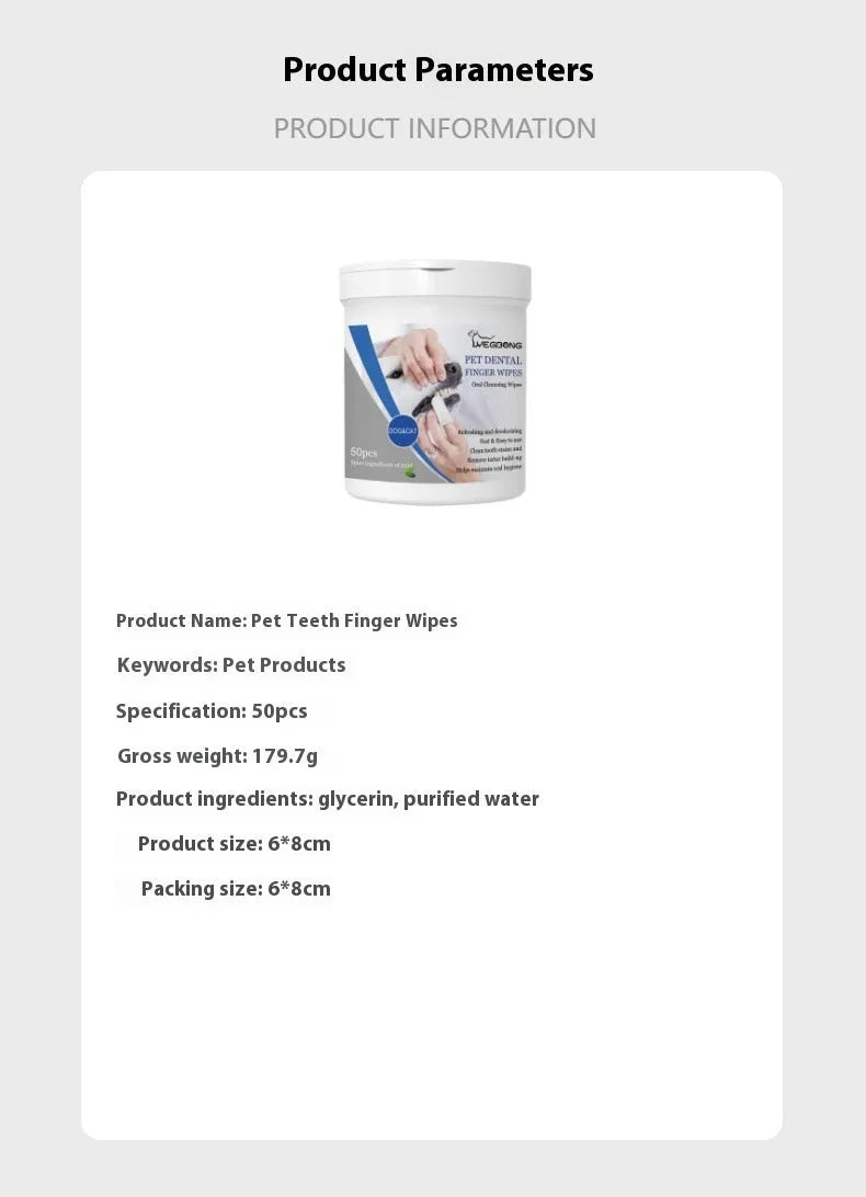 Dog dental finger wipes with 50 pieces and finger stall applicator for oral hygiene