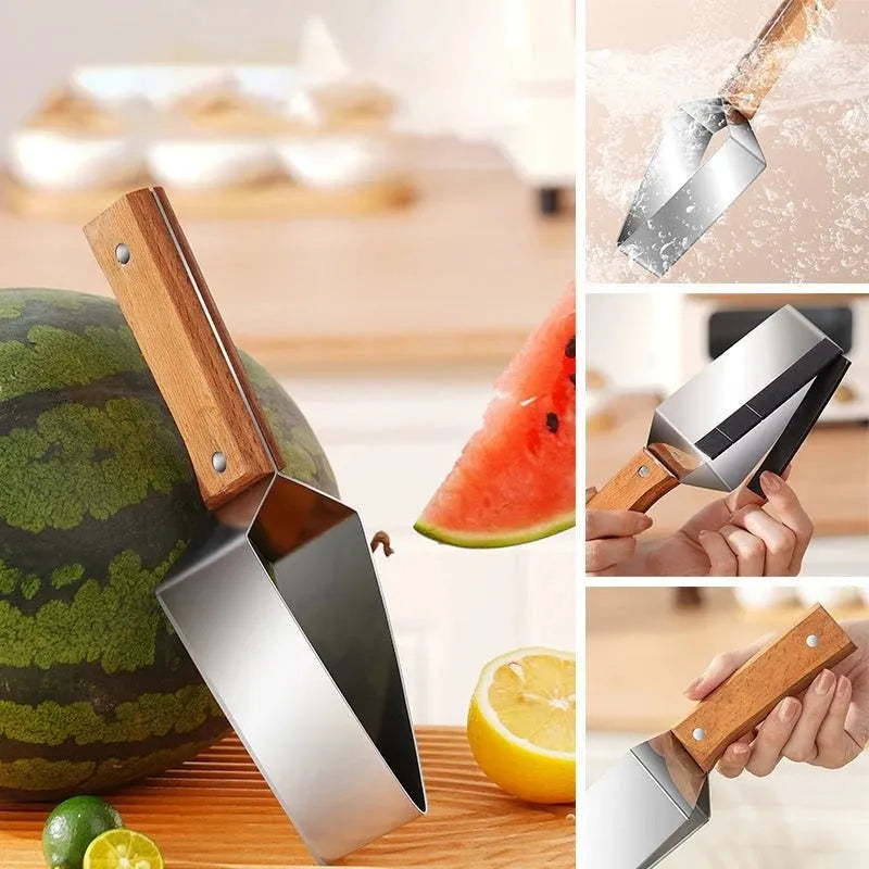 A stainless steel watermelon splitter with triangular blades and a red protective cover on a kitchen worktop.