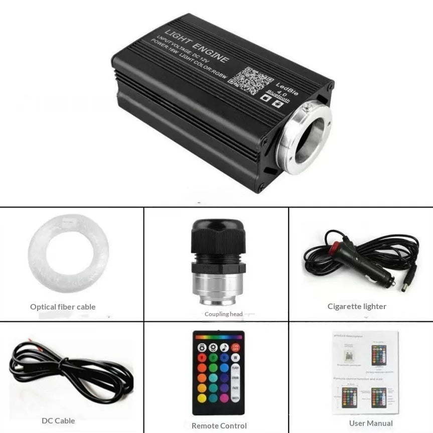 Car LED fibre optic cable set with 12V single-hole light source machine, optical fibre strands, remote control, and cigarette lighter plug.