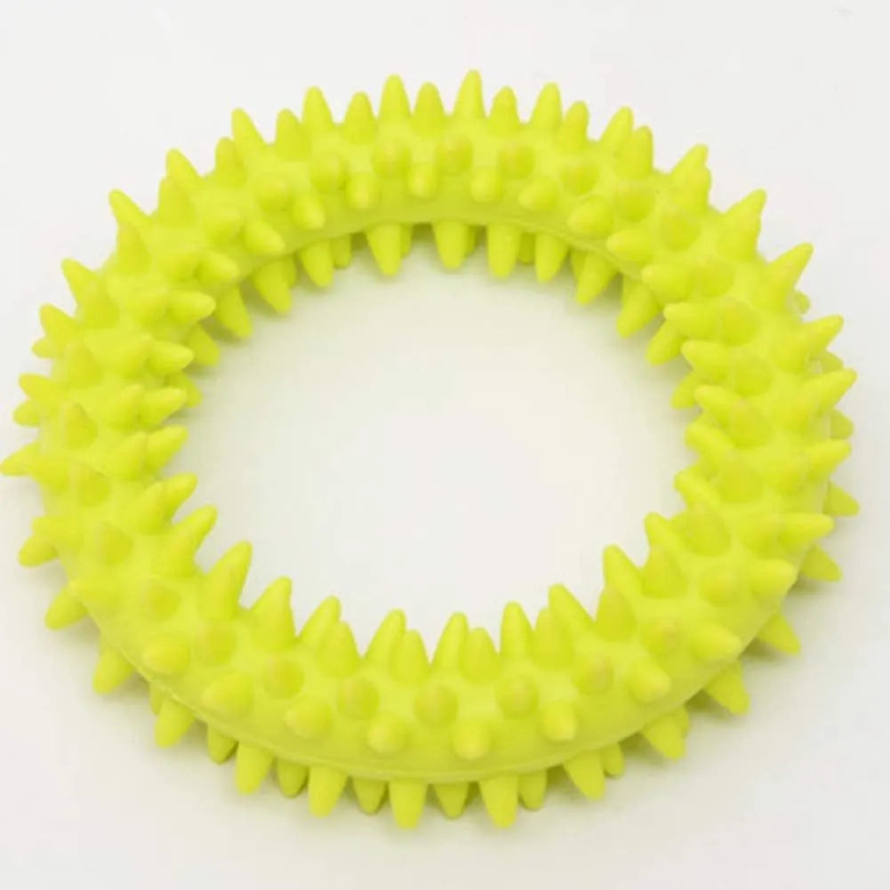 9.5cm TPR spiky circle ring dog chew toy in blue with dental cleaning nubs