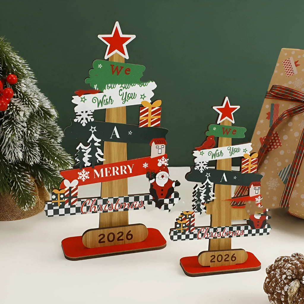 Wooden Christmas tree desktop decoration, freestanding ornament in two sizes for festive tabletop display