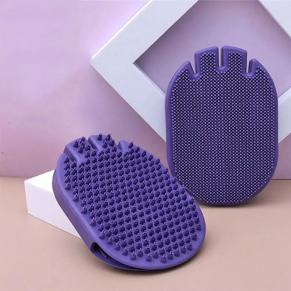 Purple pet shampoo massage brush with soft TPR bristles and ergonomic handle for dog and cat grooming