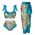 Women's printing split swimsuit three-piece set showing floral pattern on high elasticity polyester fabric