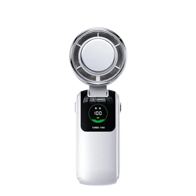 A portable neck fan with a USB port and adjustable speed settings, shown in a choice of colours.
