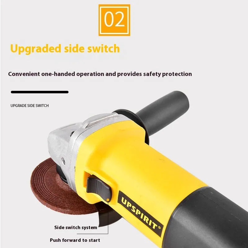 125mm household angle grinder with 1050W motor, 11000 RPM speed, and 14mm spindle for cutting and polishing.