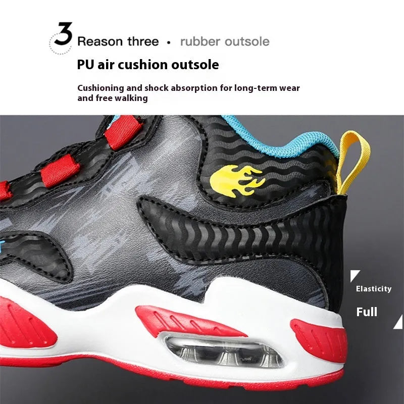 Children's rotating button basketball shoes in black with waterproof PU sole and synthetic leather upper