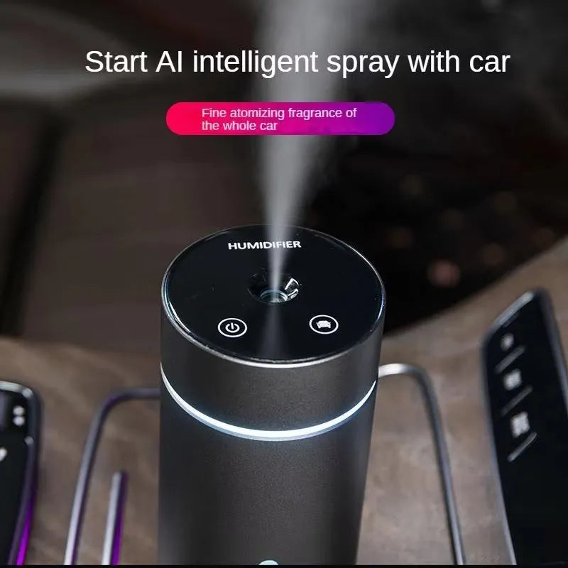 Black portable car air humidifier with aluminium tank, 66x66x144mm size, and USB cable for essential oil diffusion