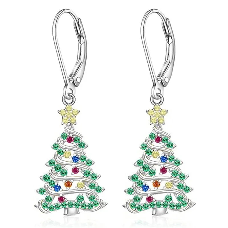 Women's Christmas tree earring pendants in white gold colour with star shape and natural style