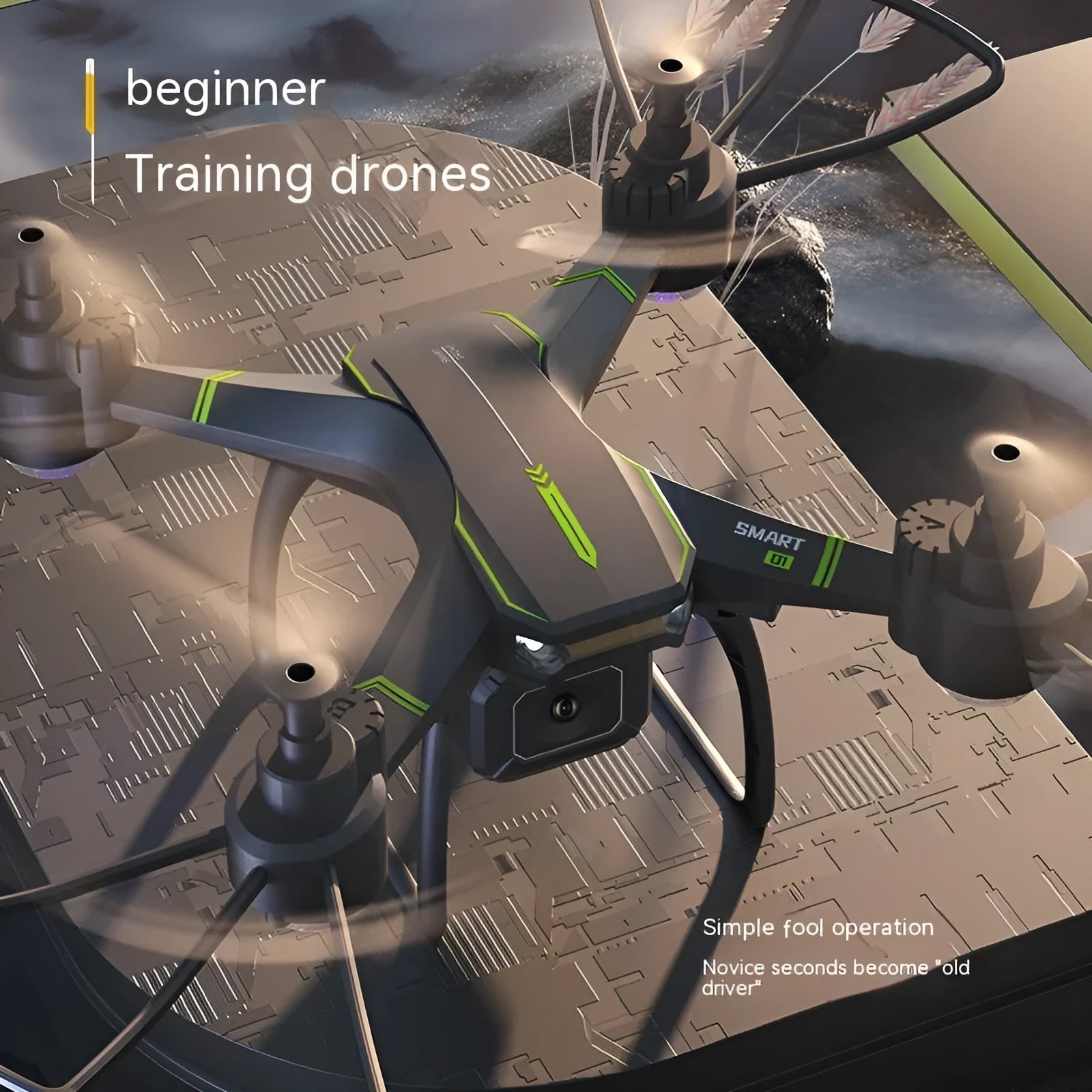 Blue remote control drone with four propeller guards, shown with its transmitter and accessories.