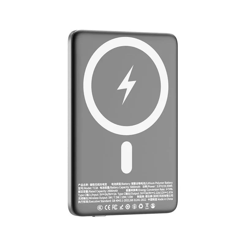 Gun grey magnetic wireless power bank with ultra-thin 9mm alloy shell showing PD20W charging port