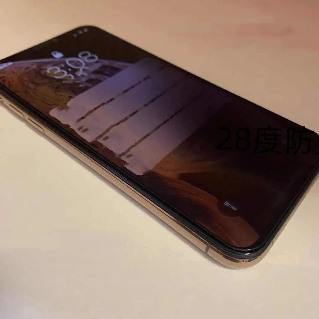 Tempered glass privacy screen protector for iPhone showing narrow viewing angle effect.