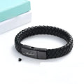 Black woven stainless steel and leather cinerary casket bracelet with engraved text.