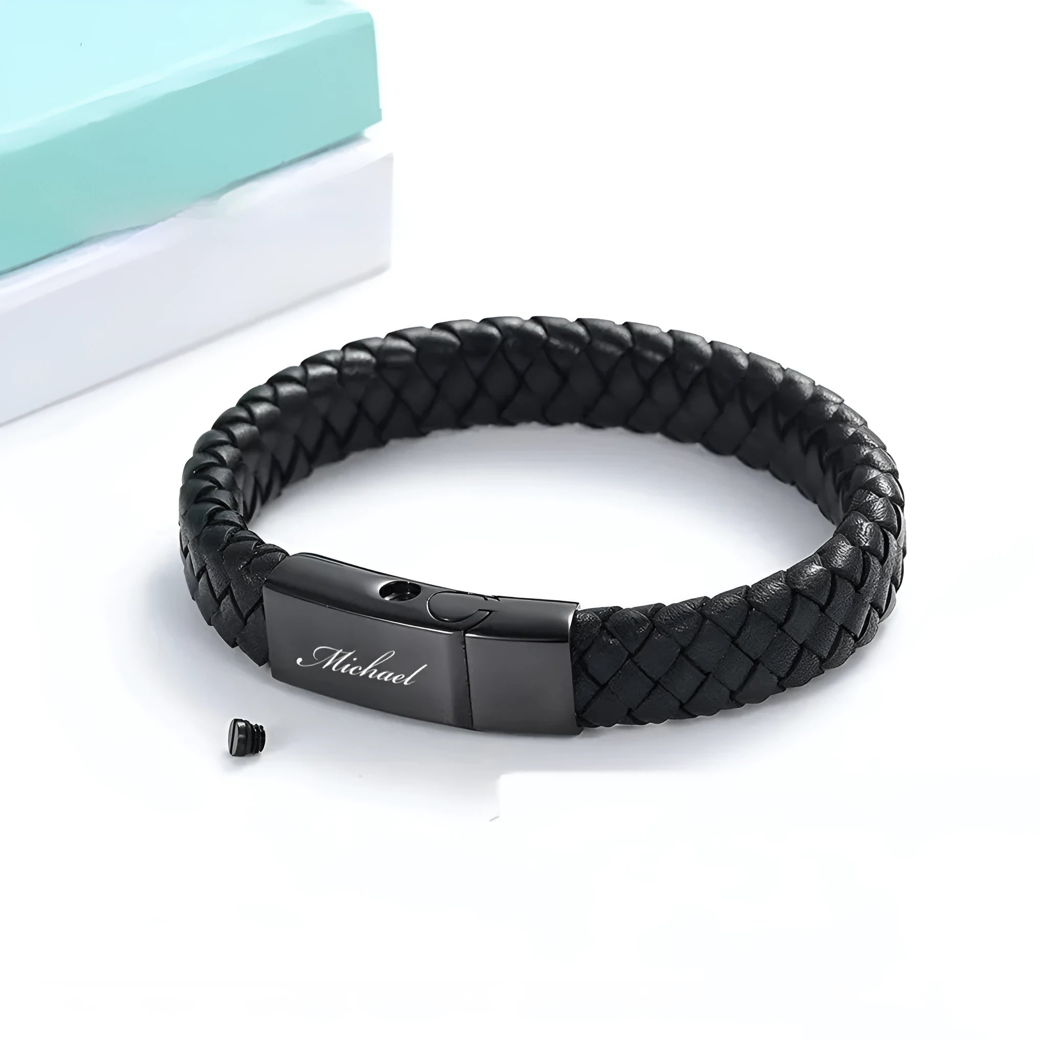 Black woven stainless steel and leather cinerary casket bracelet with engraved text.