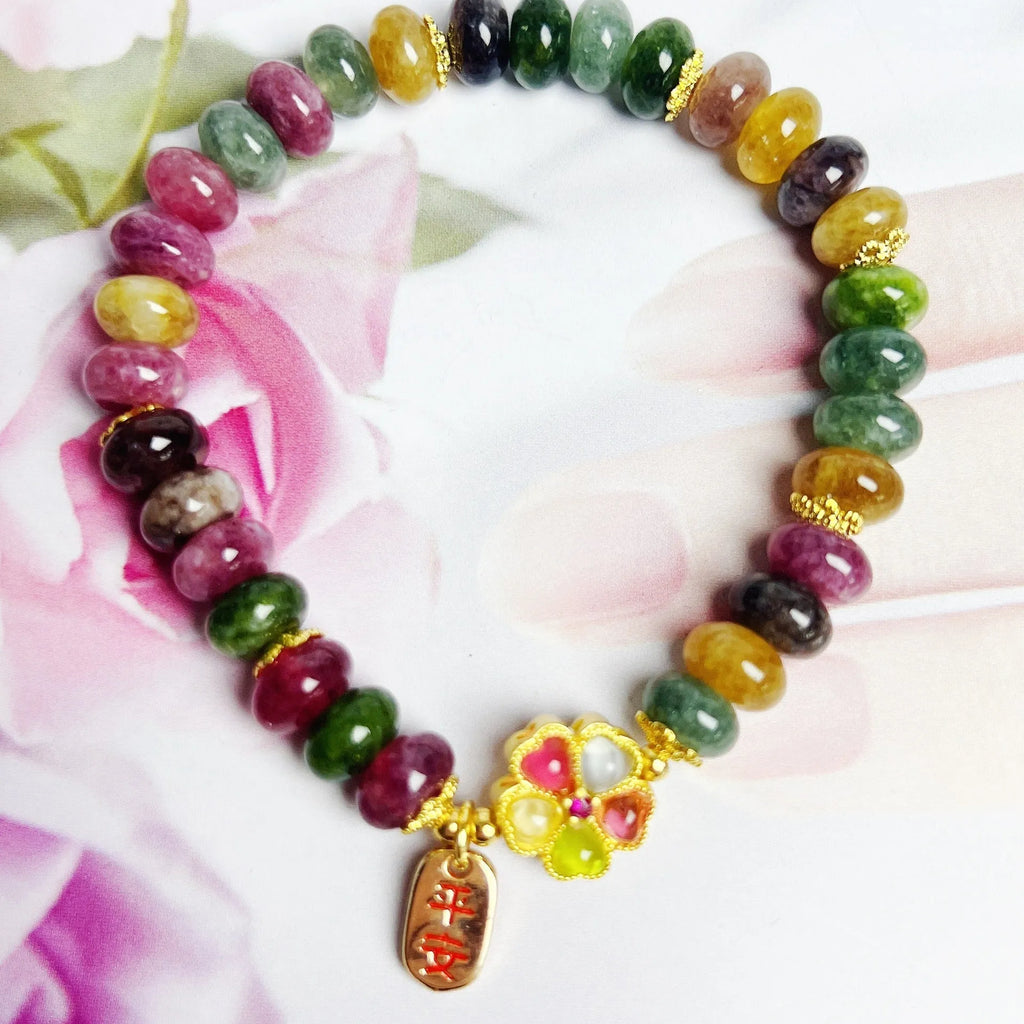 Colourful tourmaline abacus beads women's bracelet with artificial crystal construction
