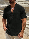 Men's solid colour stand collar short-sleeved shirt in lightweight polyester blend fabric for summer
