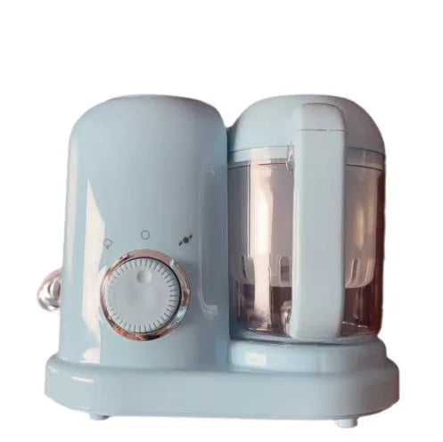 Baby food processor with steamer and blender functions in green or pink, showing 10-litre capacity and double mixing blades