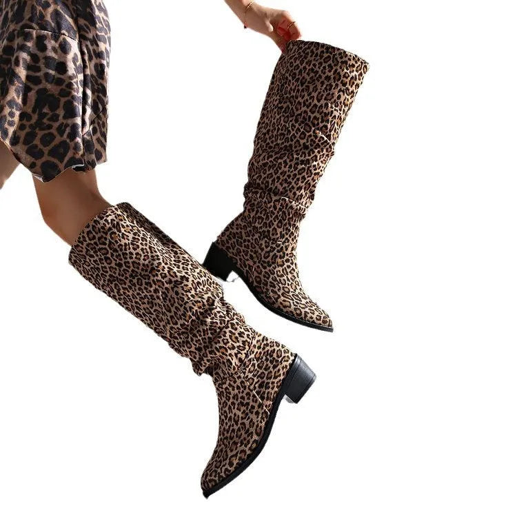 Brown leopard print women's ankle boots with square toe and chunky block heel