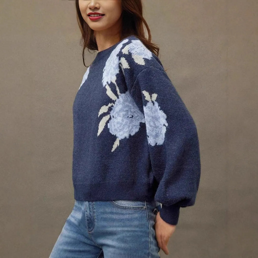 Sapphire blue women's pullover with jacquard floral pattern, loose fit with regular long sleeves