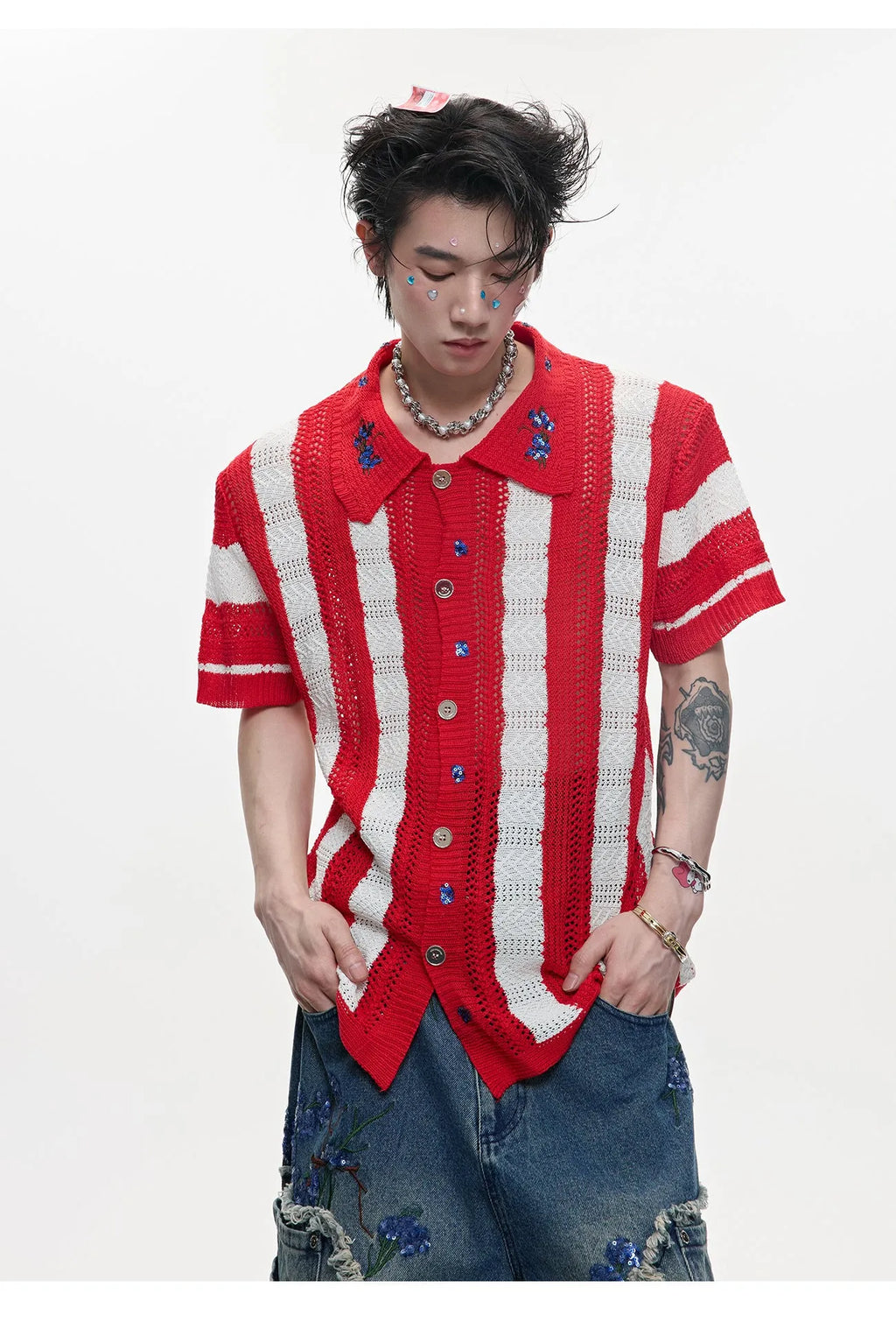 Men's black and red patchwork striped retro knit short sleeved shirt with loose fit