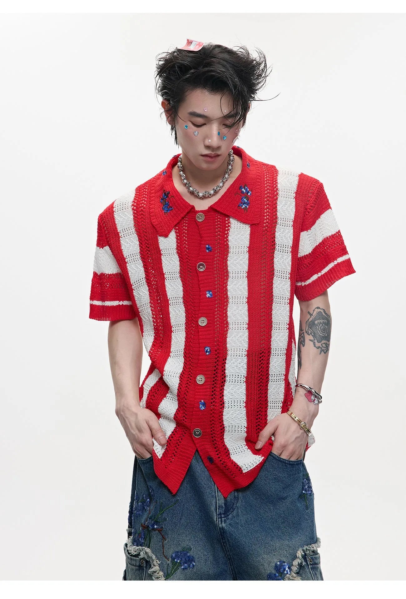 Men's black and red patchwork striped retro knit short sleeved shirt with loose fit