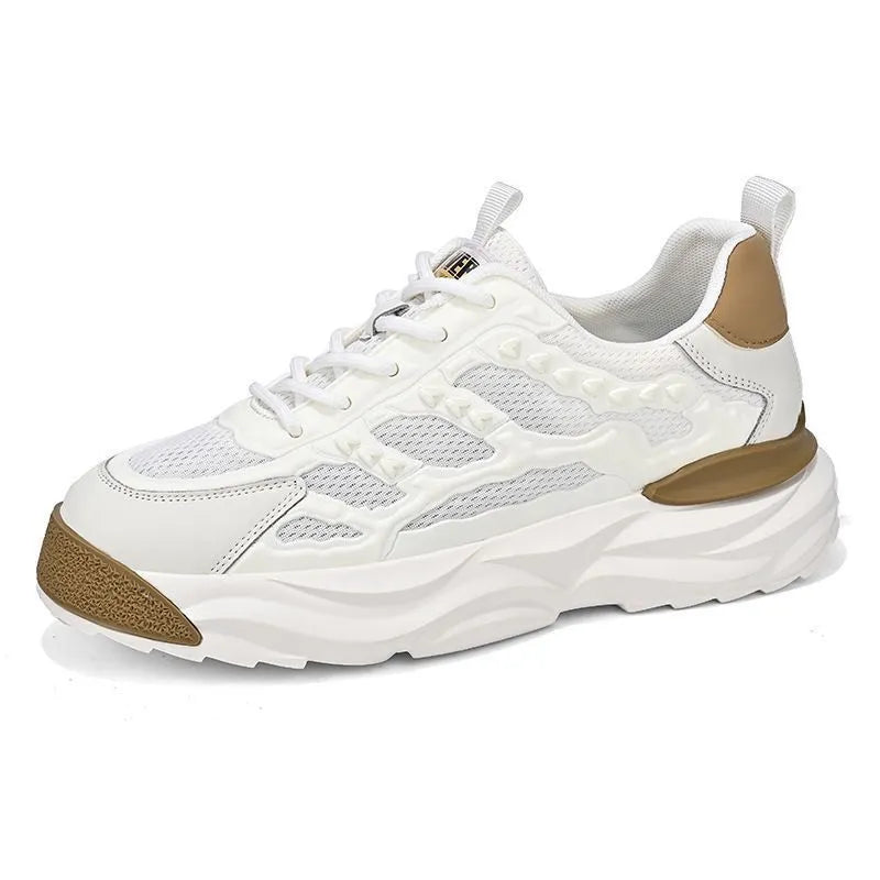Men's breathable mesh shoes with PU upper material in black or white, showing round toe design