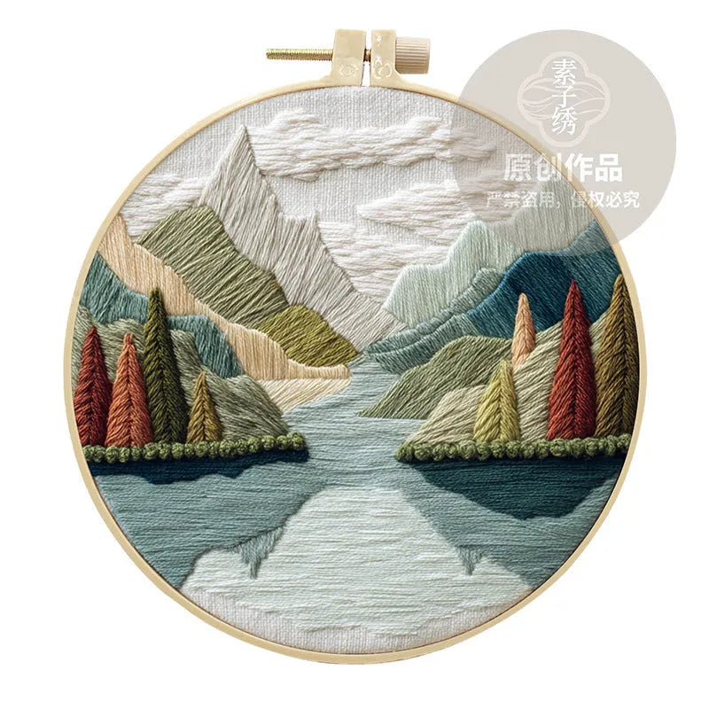 Embroidery DIY landscape kit with bamboo-style frame, pre-printed cotton fabric, embroidery threads, and needles