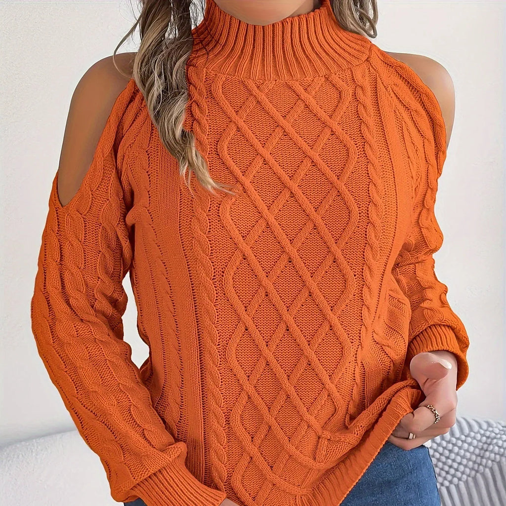 Women's strapless grey sweater with twisted pattern and lantern sleeves, half-high collar design