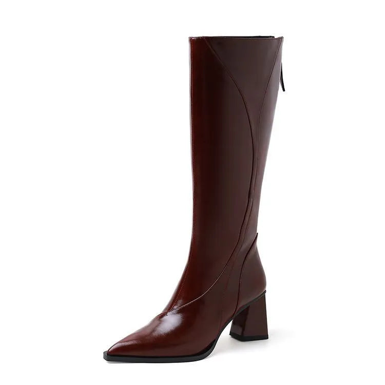 Retro Maillard tube high heel riding boots for women in black, brown, and wine red colours