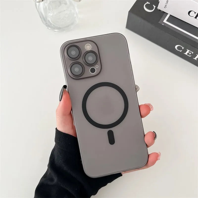 Ice Mist coloured frosted magnetic all-inclusive case for iPhone on a MagSafe charger