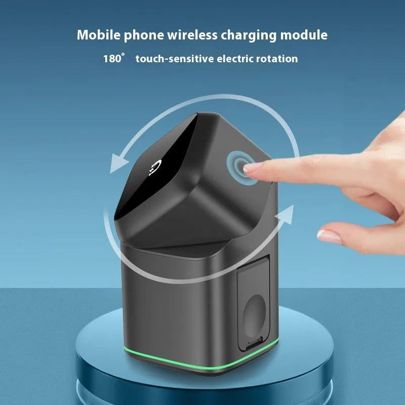 Black magnetic wireless charging stand holding mobile phone at angled position with rotation capability