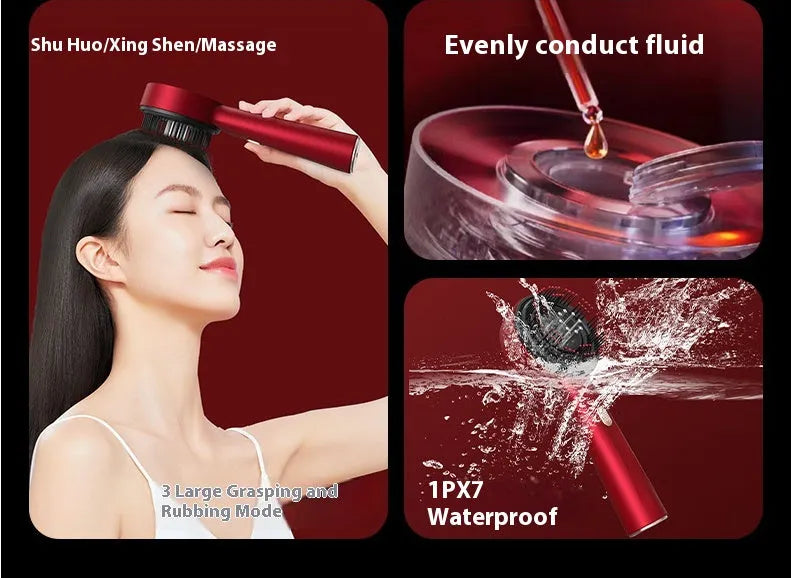 Electric massage comb with red light, anti-slip handle, 21x8.5x3cm, grey black or red, 1400mAh battery.