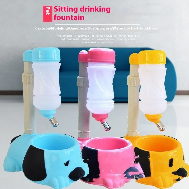 Adjustable rod lifting pet drinking bowl showing height mechanism and available pink, blue, yellow colour options