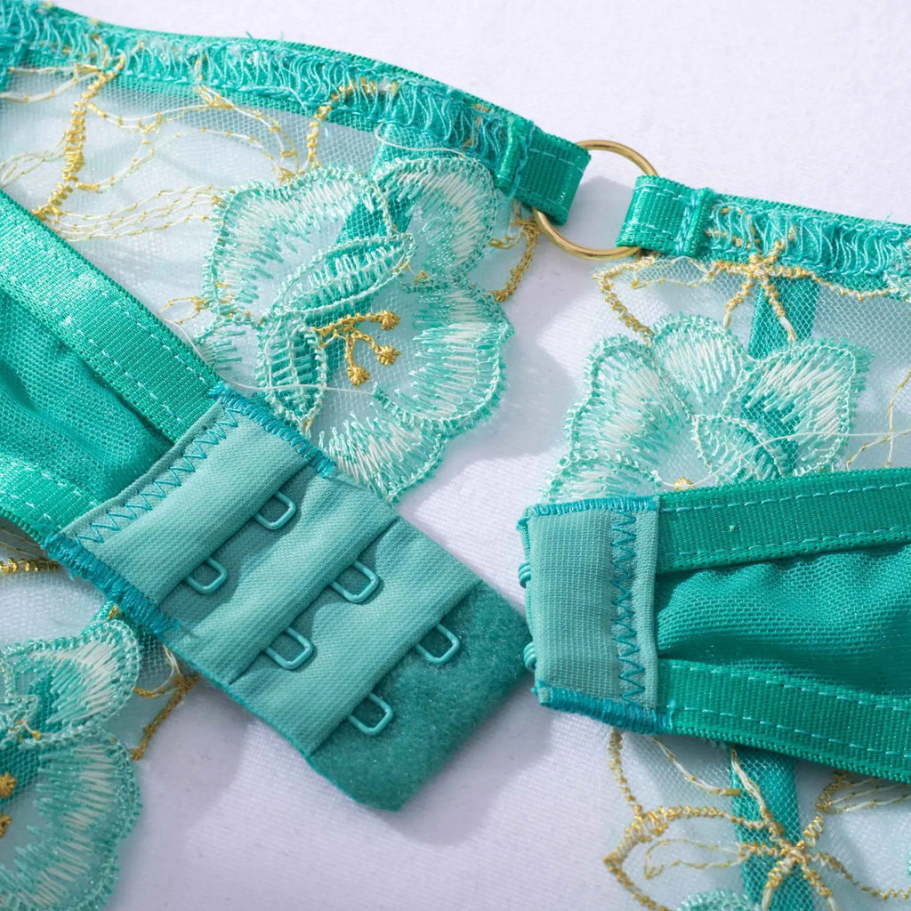 Light green women's embroidered bra set with bikini brief