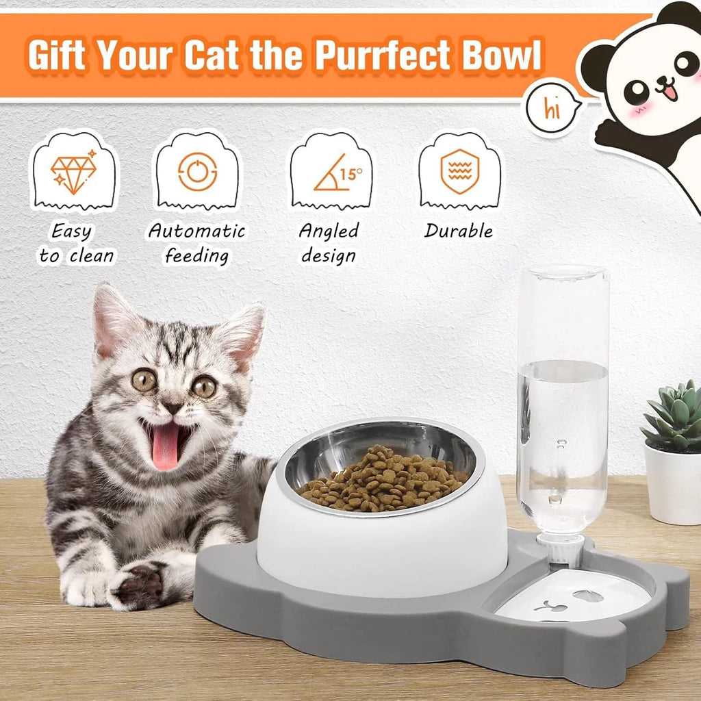 Elevated pet bowls set in panda shape with 15° tilt and automatic water dispenser for cats and small dogs